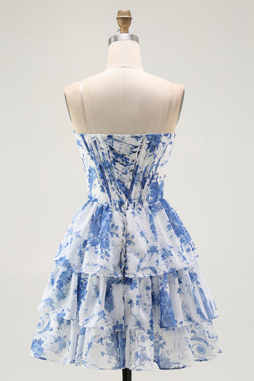 Vestido de cóctel corto con volantes en capas y corsé blanco azul sin tirantes
